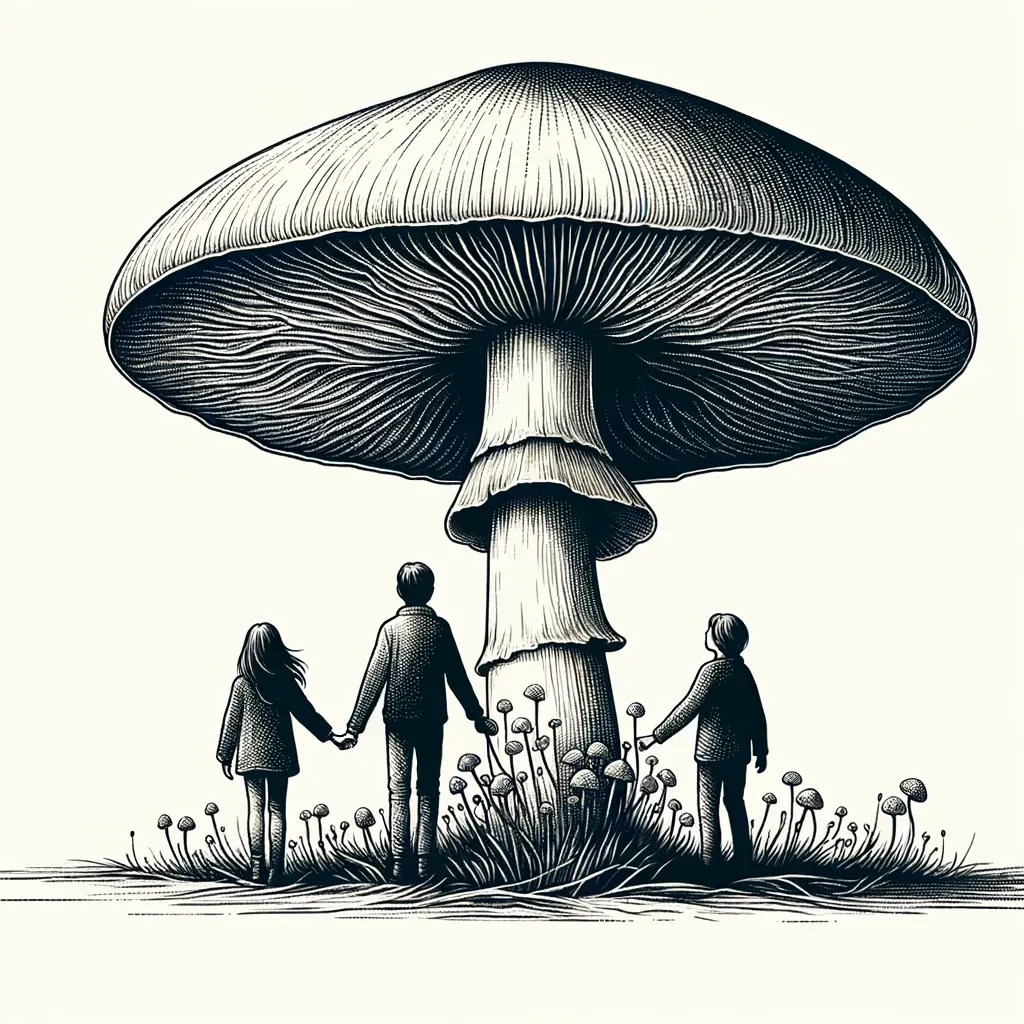 Ilustración de un gran hongo con tres personas tomadas de la mano bajo su sombrero